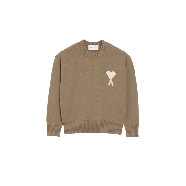 Pull col rond AMI Paris laine coton taupe gros cœur blanc
