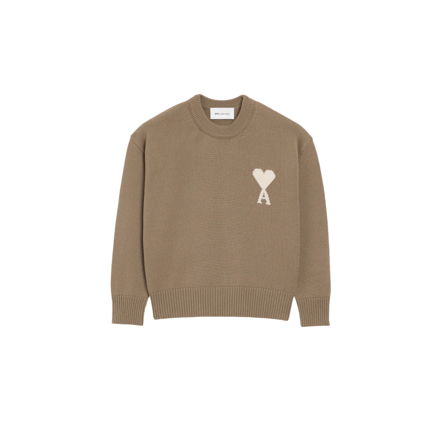Pull col rond AMI Paris laine coton taupe gros cœur blanc