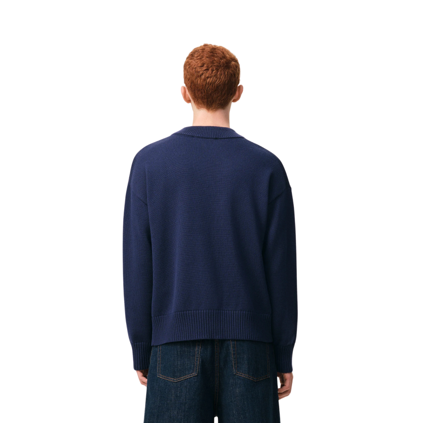 Cardigan col V AMI Paris maille laine coton bleu marine gros cœur blanc