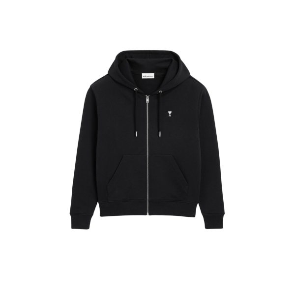Sweat-shirt zippé à capuche AMI Paris Hoodie molleton coton noir cœur blanc