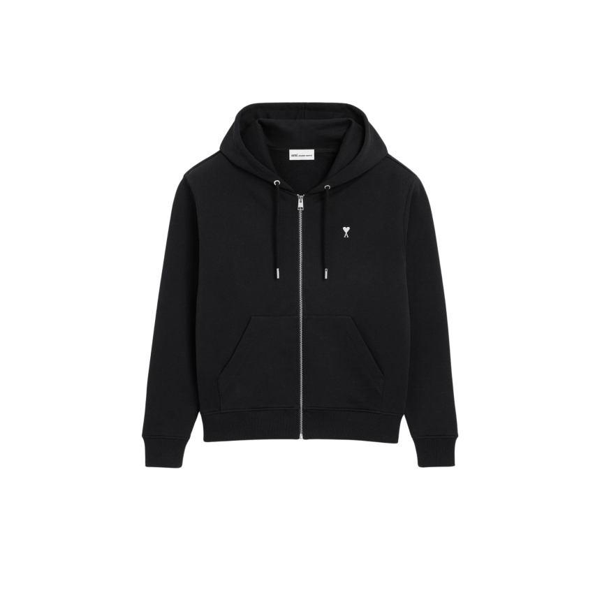 Sweat-shirt zippé à capuche AMI Paris Hoodie molleton coton noir cœur blanc