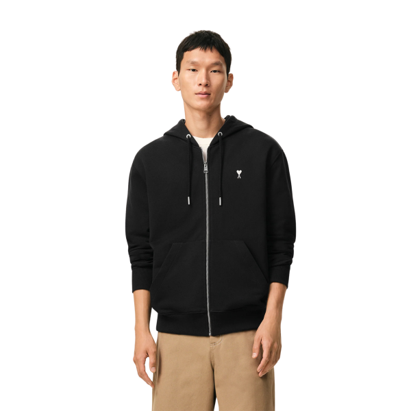 Sweat-shirt zippé à capuche AMI Paris Hoodie molleton coton noir cœur blanc