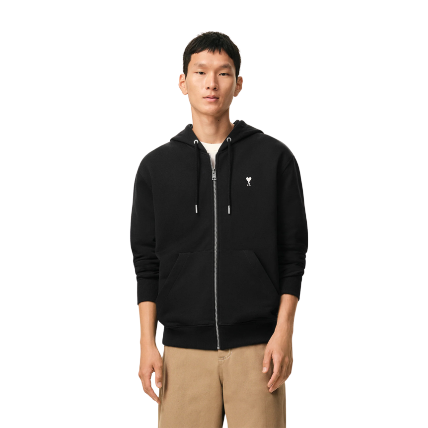 Sweat-shirt zippé à capuche AMI Paris Hoodie molleton coton noir cœur blanc