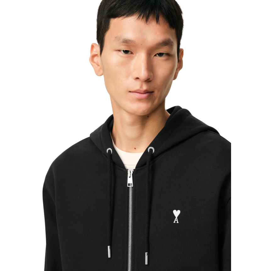 Sweat-shirt zippé à capuche AMI Paris Hoodie molleton coton noir cœur blanc