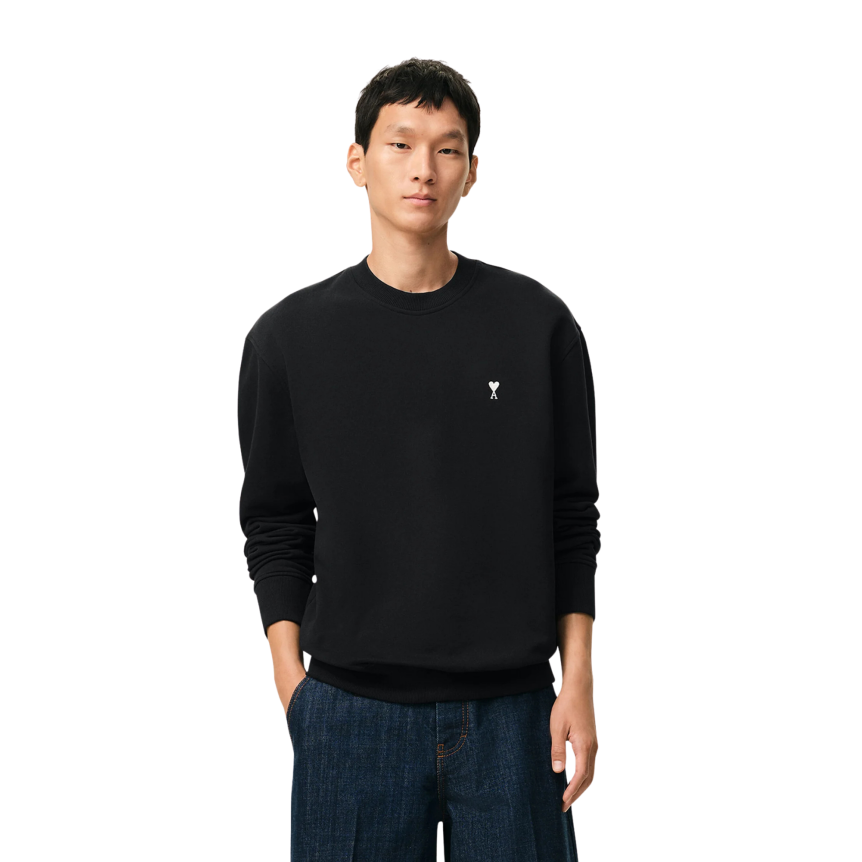 Pull col rond AMI Paris molleton coton noir cœur blanc