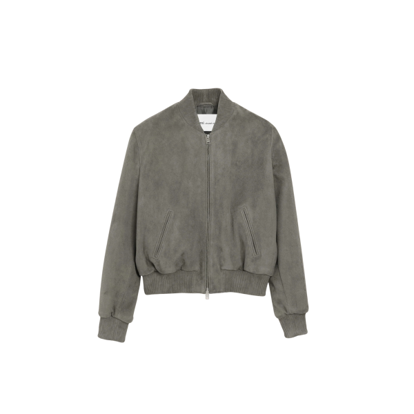 Blouson zippé AMI Paris cuir daim gris bord côtes