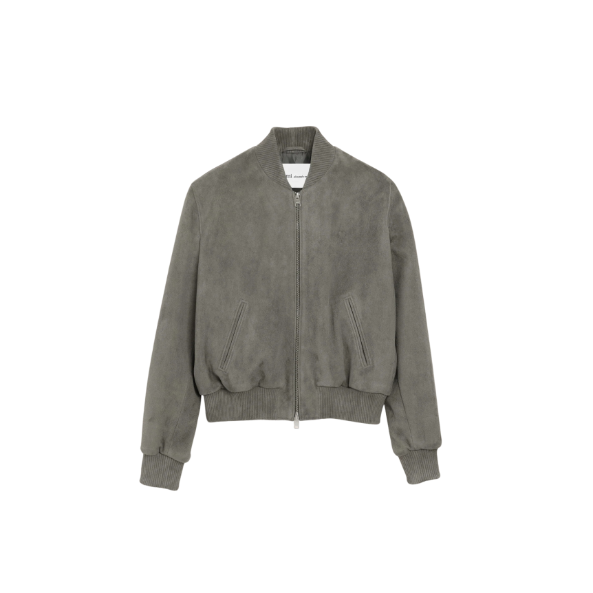 Blouson zippé AMI Paris cuir daim gris bord côtes
