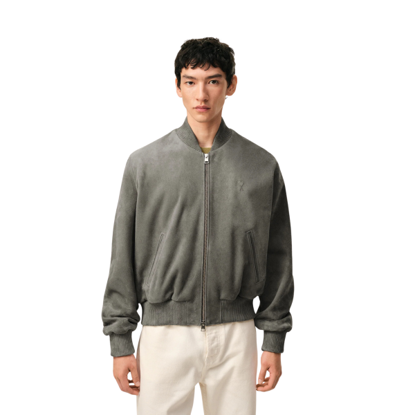 Blouson zippé AMI Paris cuir daim gris bord côtes