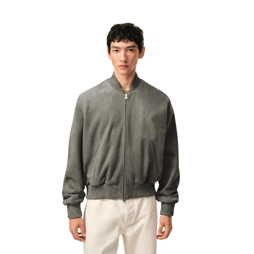 Blouson zippé AMI Paris cuir daim gris bord côtes