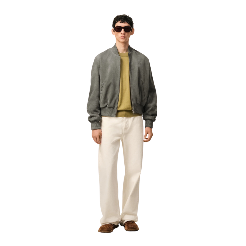 Blouson zippé AMI Paris cuir daim gris bord côtes