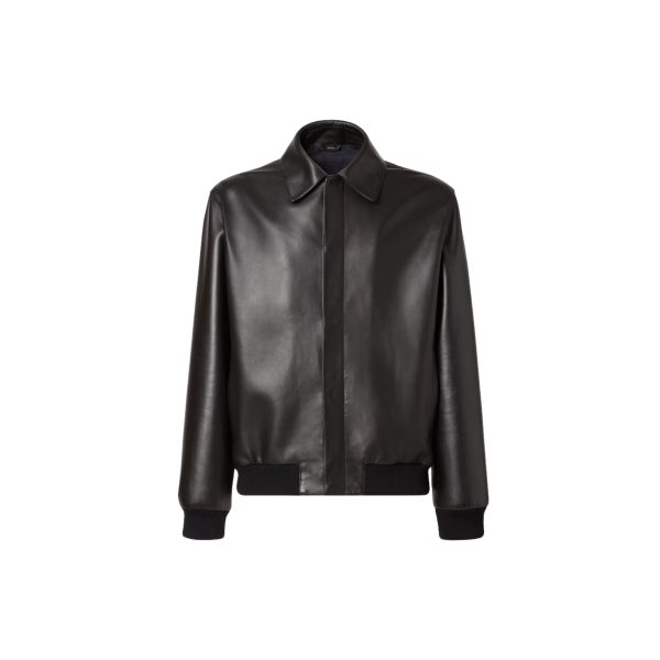 Blouson zippé FENDI cuir agneau noir broderie logo ton sur ton dos