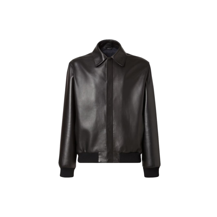 Blouson zippé FENDI cuir agneau noir broderie logo ton sur ton dos