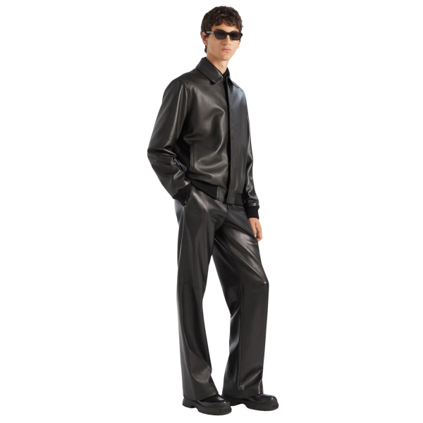 Blouson zippé FENDI cuir agneau noir broderie logo ton sur ton dos