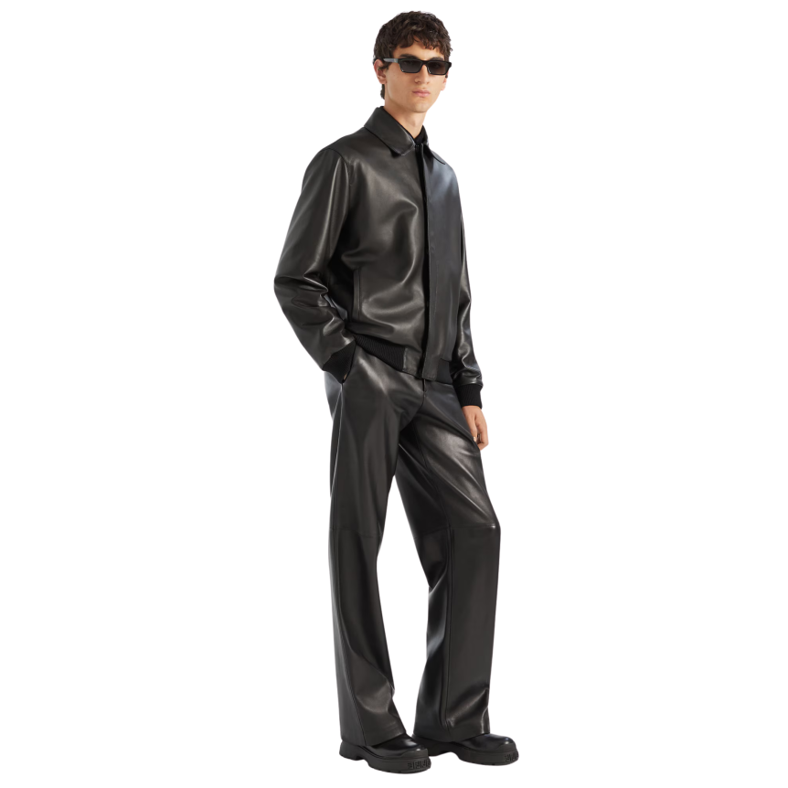 Blouson zippé FENDI cuir agneau noir broderie logo ton sur ton dos