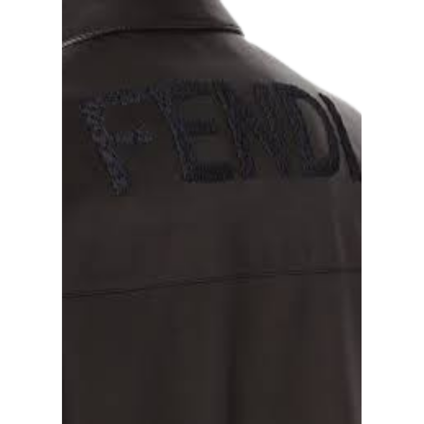 Blouson zippé FENDI cuir agneau noir broderie logo ton sur ton dos