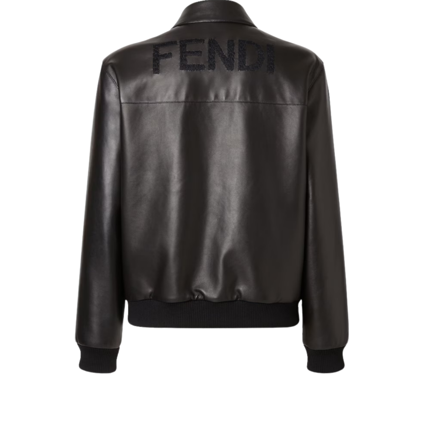 Blouson zippé FENDI cuir agneau noir broderie logo ton sur ton dos