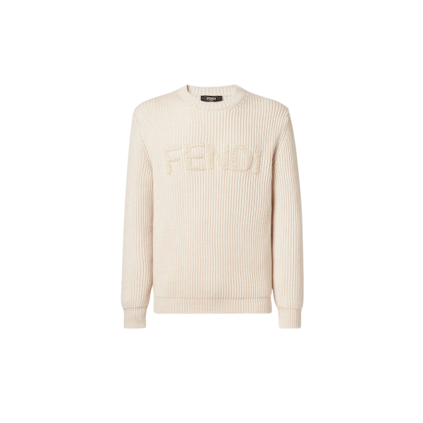 Pull col rond FENDI laine beige gris broderie logo ton sur ton