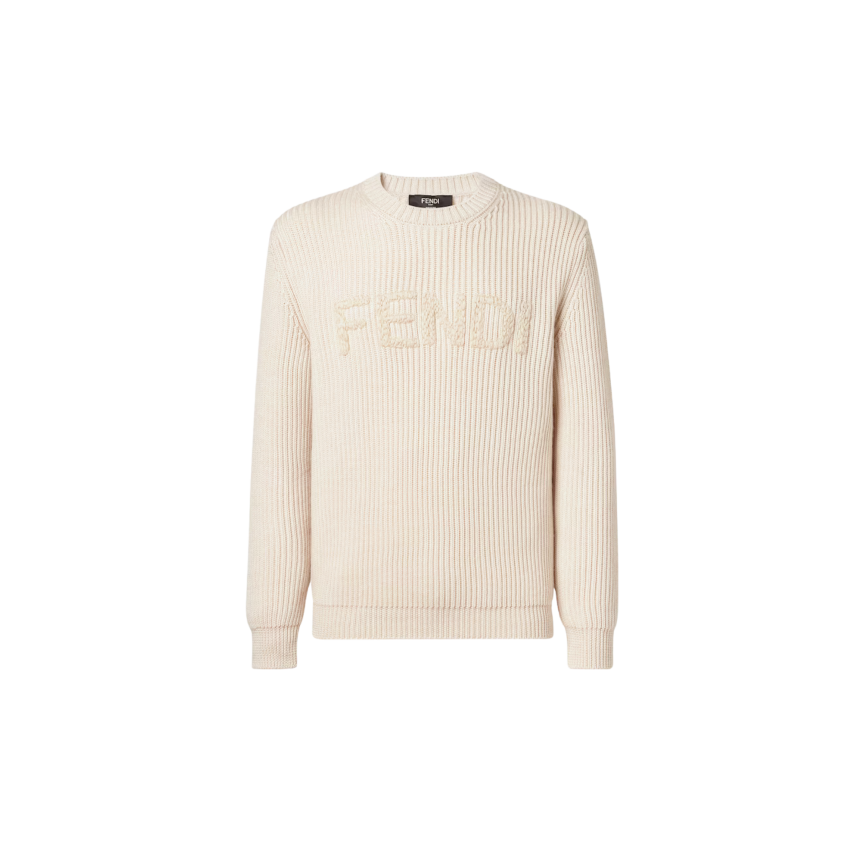 Pull col rond FENDI laine beige gris broderie logo ton sur ton