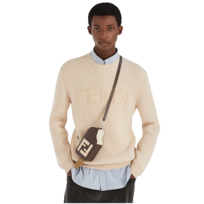 Pull col rond FENDI laine beige gris broderie logo ton sur ton