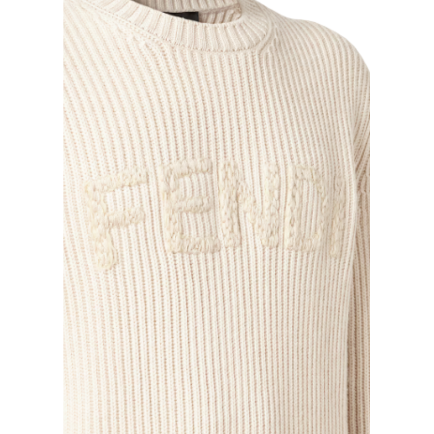 Pull col rond FENDI laine beige gris broderie logo ton sur ton