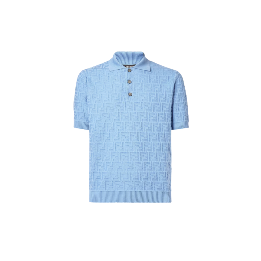 Polo manche courte FENDI coton bleu ciel jacquard FF multi logo