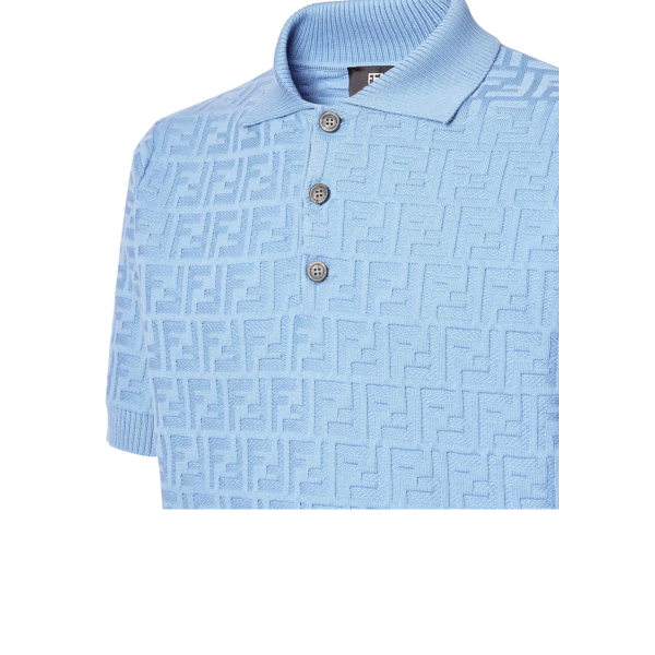 Polo manche courte FENDI coton bleu ciel jacquard FF multi logo