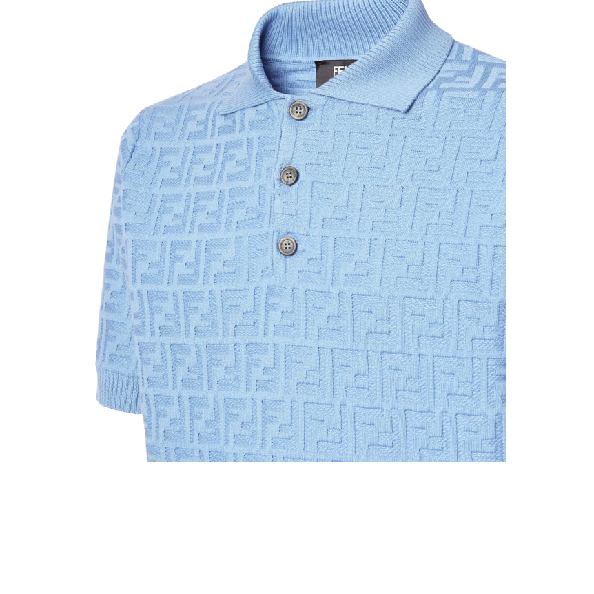 Polo manche courte FENDI coton bleu ciel jacquard FF multi logo