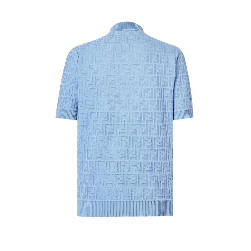 Polo manche courte FENDI coton bleu ciel jacquard FF multi logo