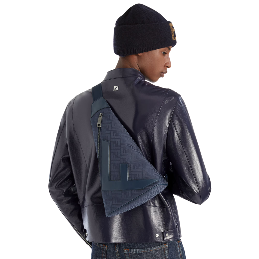 Sac à dos à Fendi Cono  Large bretelle simple Triangle nylon FF bleu foncé cuir bleu