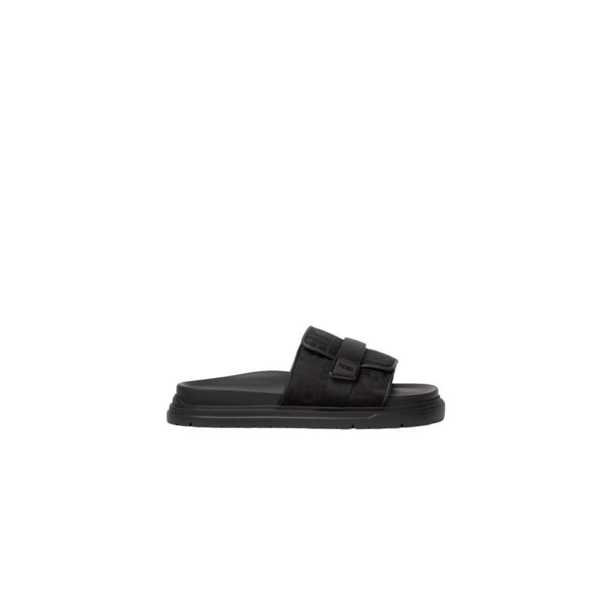 Sandales à bride large FENDI Chunky fermeture scratch nylon jacquard FF cuir noir