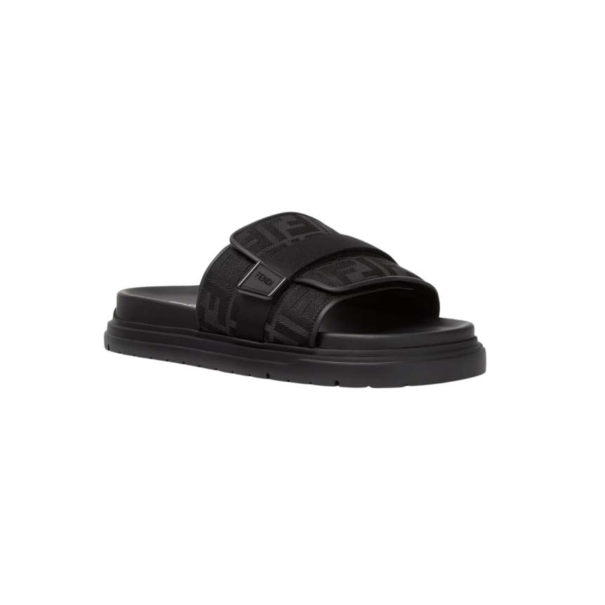 Sandales à bride large FENDI Chunky fermeture scratch nylon jacquard FF cuir noir