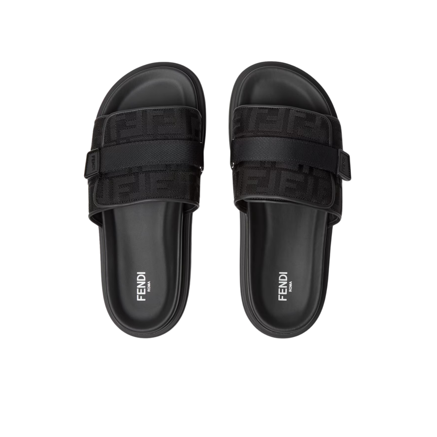 Sandales à bride large FENDI Chunky fermeture scratch nylon jacquard FF cuir noir