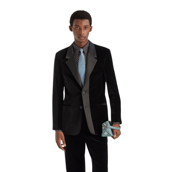 Blazer smoking FENDI simple boutonnage coton velours noir col soie satin