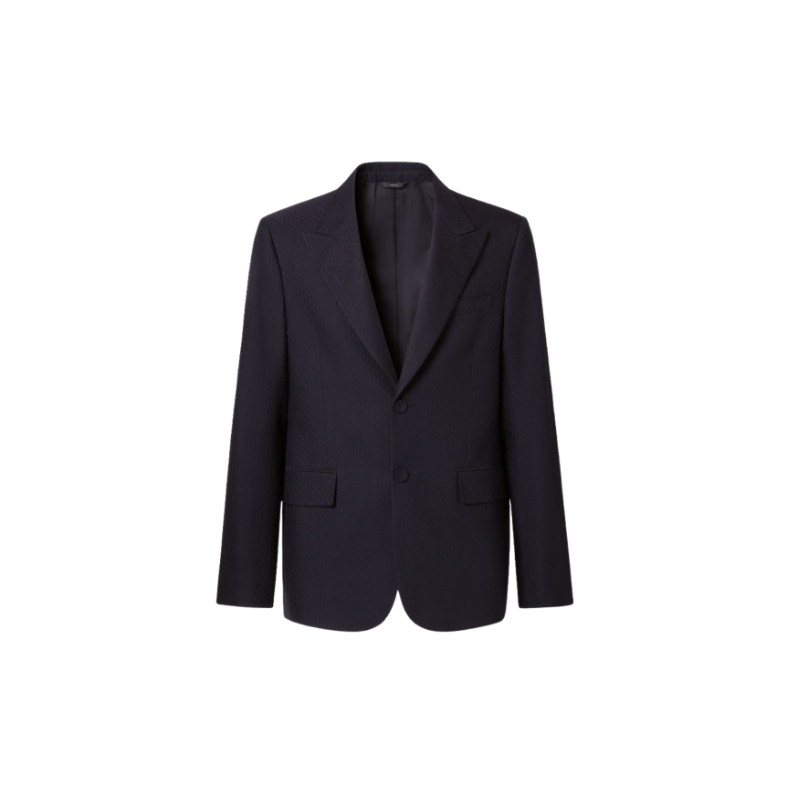 FENDI Veste droite simple boutonnage laine coton bleu nuit jacquard rayure surpiquée ton sur ton