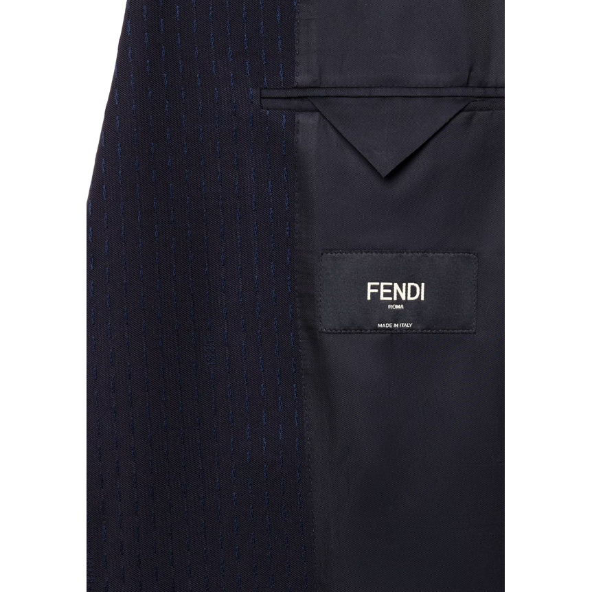 FENDI Veste droite simple boutonnage laine coton bleu nuit jacquard rayure surpiquée ton sur ton