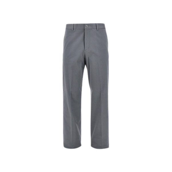 Pantalon cigarette FENDI gabardine coton stretch gris logo micro FF métal