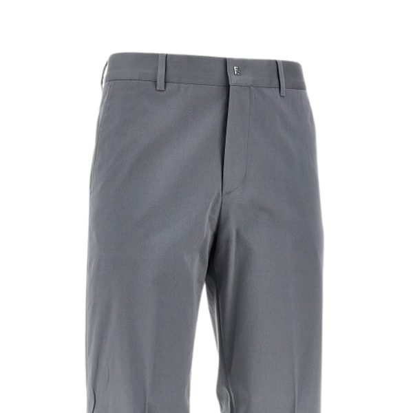 Pantalon cigarette FENDI gabardine coton stretch gris logo micro FF métal