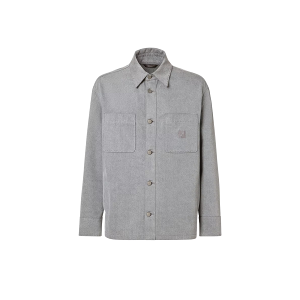 Veste simple boutonnage FENDI sur chemise denim coton jean délavé gris clair broderie FF poche poitrine