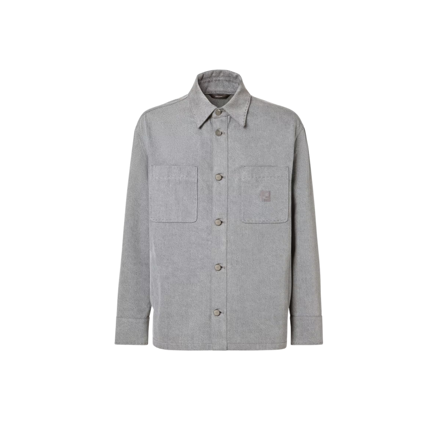 Veste simple boutonnage FENDI sur chemise denim coton jean délavé gris clair broderie FF poche poitrine