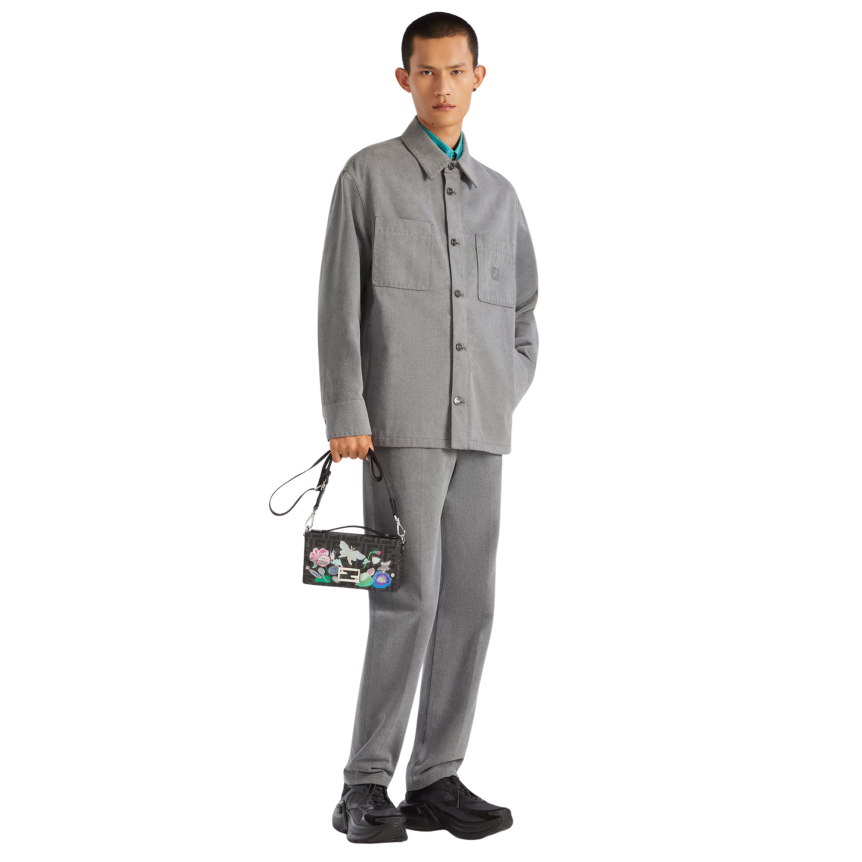 Veste simple boutonnage FENDI sur chemise denim coton jean délavé gris clair broderie FF poche poitrine