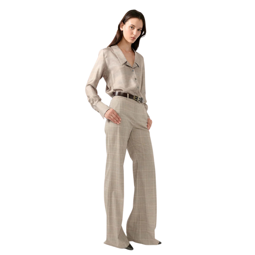 Pantalon évasé BARBARA BUI laine carreaux Prince de Galles beige sable