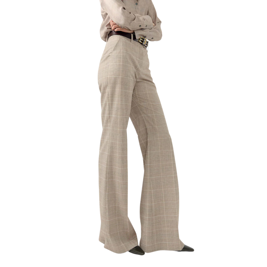 Pantalon évasé BARBARA BUI laine carreaux Prince de Galles beige sable