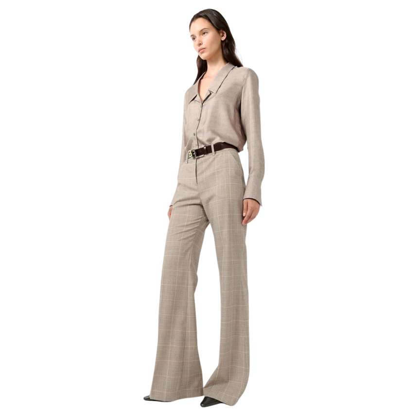 Pantalon évasé BARBARA BUI laine carreaux Prince de Galles beige sable