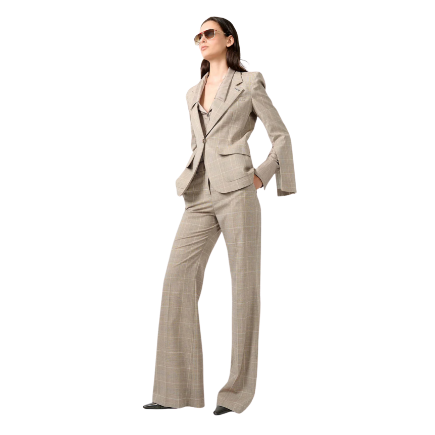 Veste de costume BARBARA BUI un bouton laine carreaux Prince de Galles beige sable