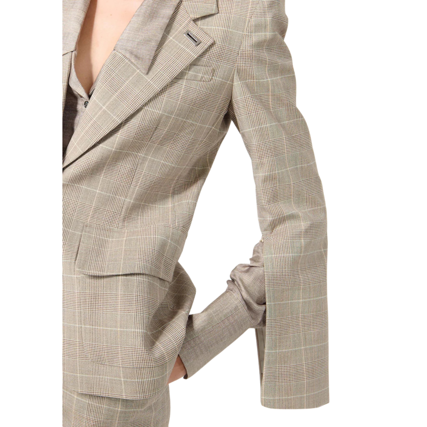 Veste de costume BARBARA BUI un bouton laine carreaux Prince de Galles beige sable