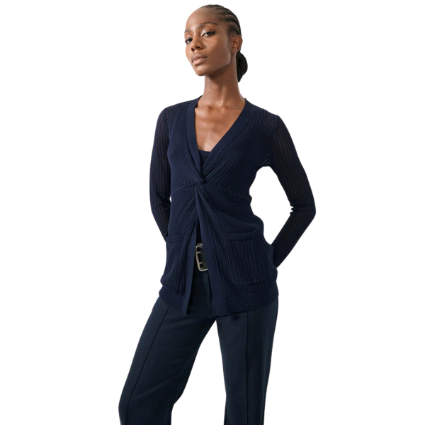 Pull manche longue BARBARA BUI col V maille ajourée coton modal bleu marine noeud