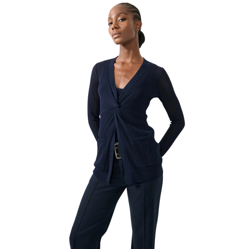 Pull manche longue BARBARA BUI col V maille ajourée coton modal bleu marine noeud