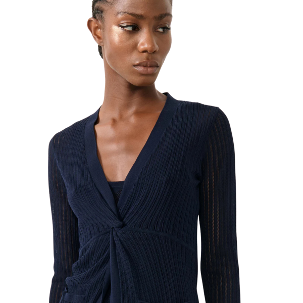 Pull manche longue BARBARA BUI col V maille ajourée coton modal bleu marine noeud