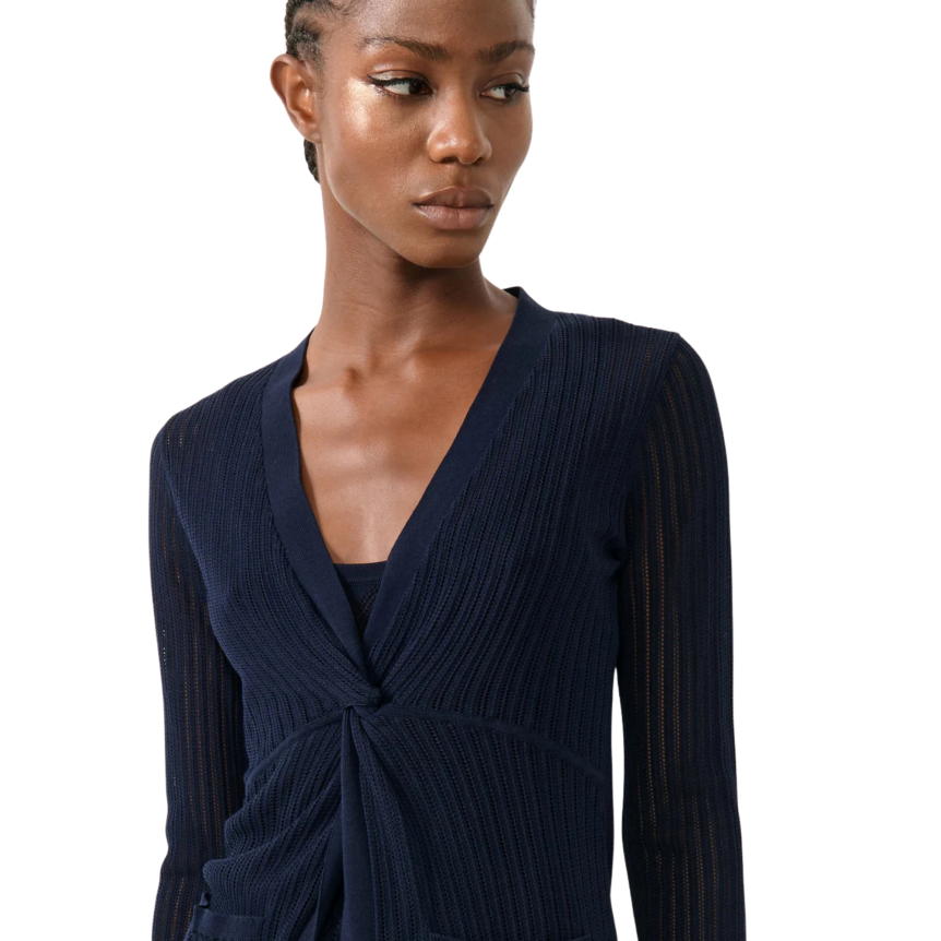 Pull manche longue BARBARA BUI col V maille ajourée coton modal bleu marine noeud