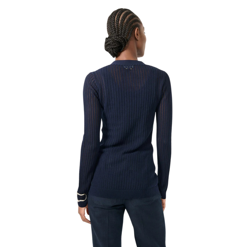 Pull manche longue BARBARA BUI col V maille ajourée coton modal bleu marine noeud